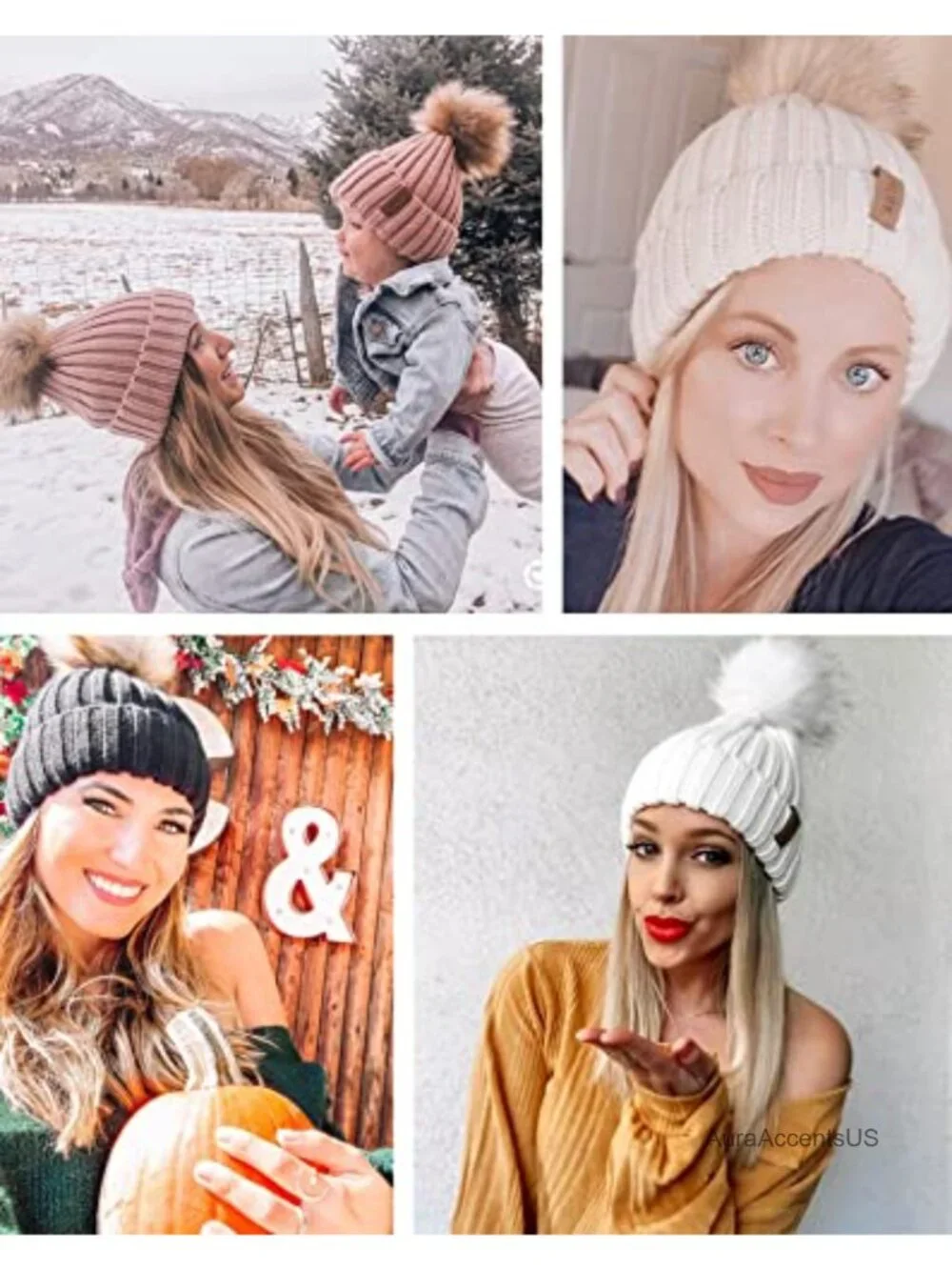 Women's Fleece Lined Knit Beanie with Pom Pom - Winter Hat